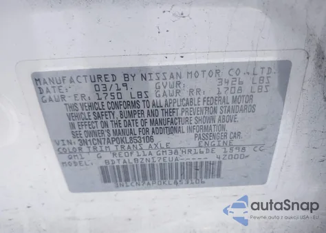 2019 Nissan Versa 1.6 Sv из США, поврежденный, VIN 3N1CN7AP0KL853106